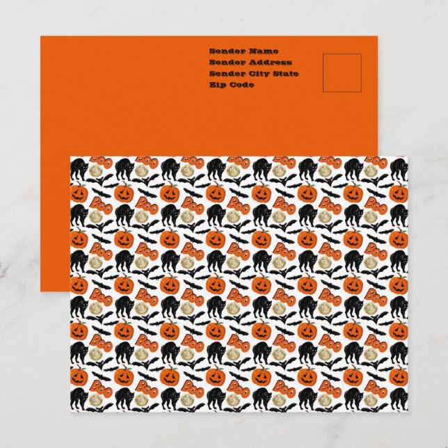 Halloween Boo Fladdermöss Katt Pumpa Och Måne Teck Vykort (Fram/baksida)