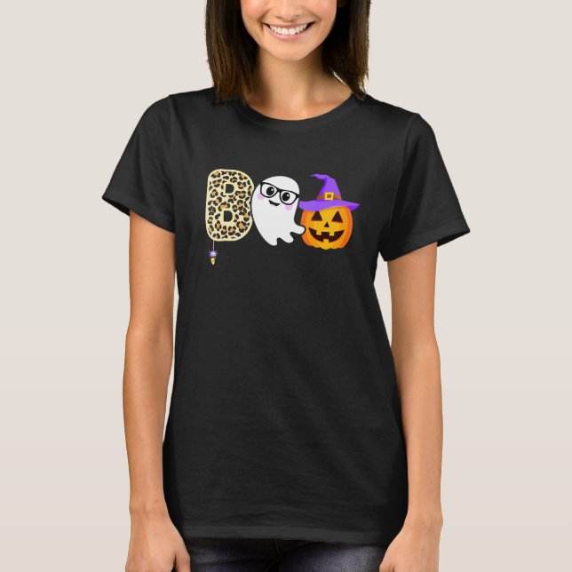 Halloween Boo Ghost Leopard Pumpkin Witch Hat Boys T Shirt (Framsida)