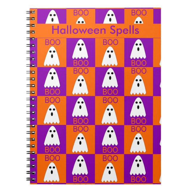 Halloween Boo Ghost Lila and Orange Squares Anteckningsbok (Framsidan)