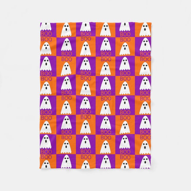 Halloween Boo Ghost Lila and Orange Squares Fleecefilt (Framsidan)
