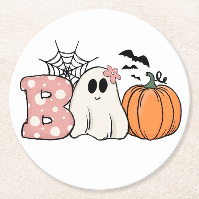 Halloween Boo Ghost Pumpkin Fladdermöss Cobweb Underlägg Papper Rund (Framsidan)