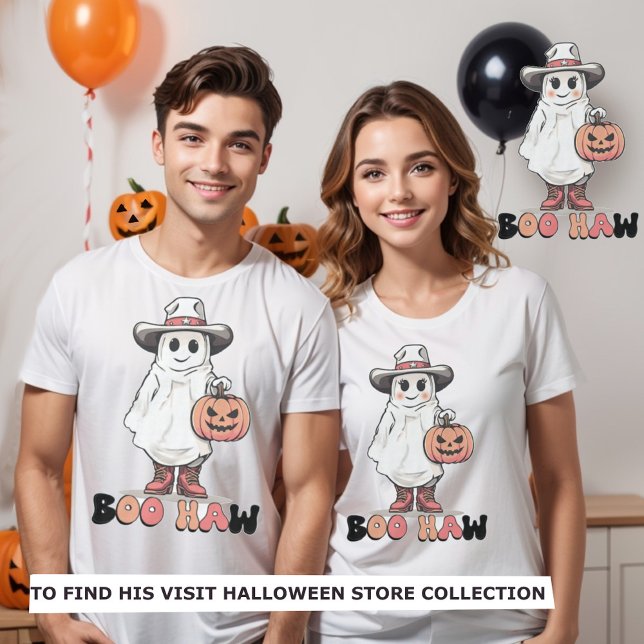 Halloween boo haw gily spöke western cowgirl t shirt (Couples matching halloween  t-shirt cowboy & cowgirl ghost design. Boo Haw.)