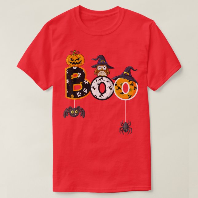 Halloween Boo Owl With Witch Hat Spiders Boys Girl T Shirt (Design framsida)