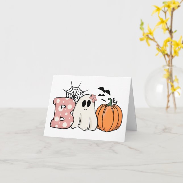 Halloween Boo Spöke Pumpa Fladdermöss Spindelnät Kort (Gul blomma)