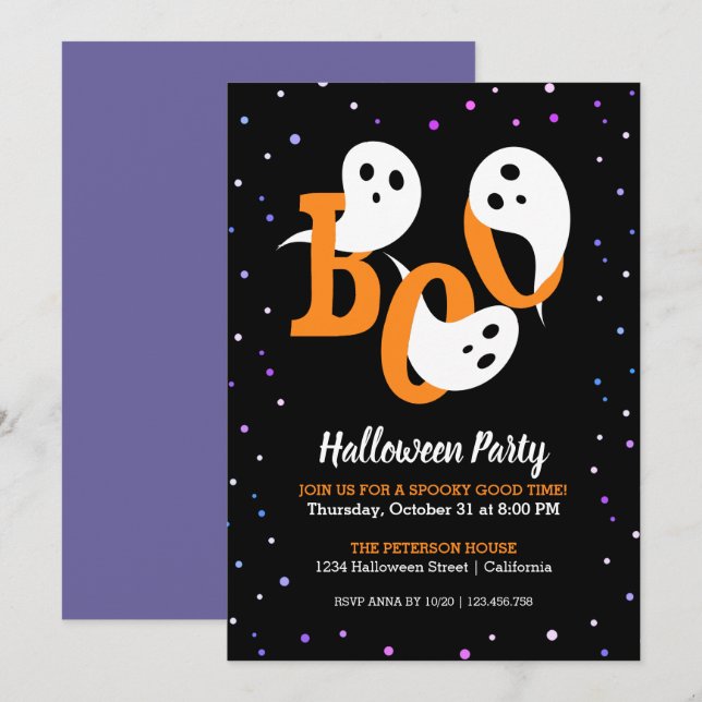 Halloween Boo Spöken Lila Confetti-inbjudan Inbjudningar (Fram/baksida)