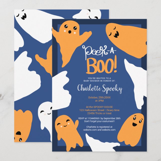 Halloween boo spöken orange Blue Baby dusch Inbjudningar (Fram/baksida)