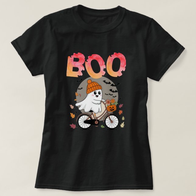 Halloween Boo-tiful Cute Ghost på Bike T Shirt (Design framsida)