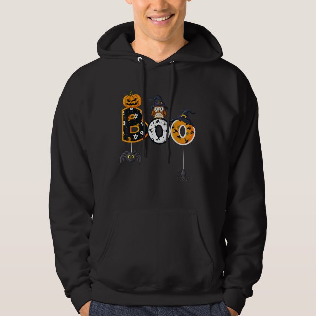 Halloween Boo Uggla med vinklingsspindlar Hoodie (Framsida)