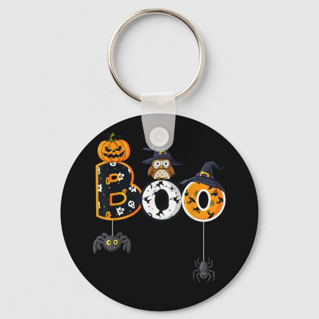 Halloween Boo Uggla med vinklingsspindlar Nyckelring (Framsida)