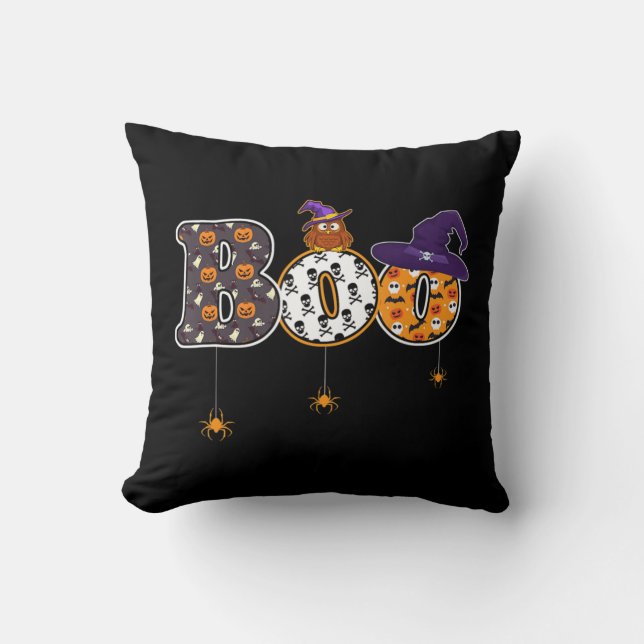 Halloween Boo Uggla med Witch Hat Spider Halloween Kudde (Framsida)