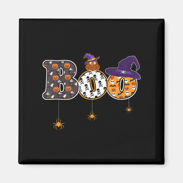 Halloween Boo Uggla med Witch Hat Spider Halloween Magnet (Framsidan)