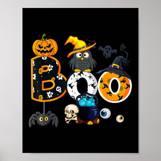 Halloween Boo Uggla med Witch Hat Spiders Boys Gir Poster (Framsidan)