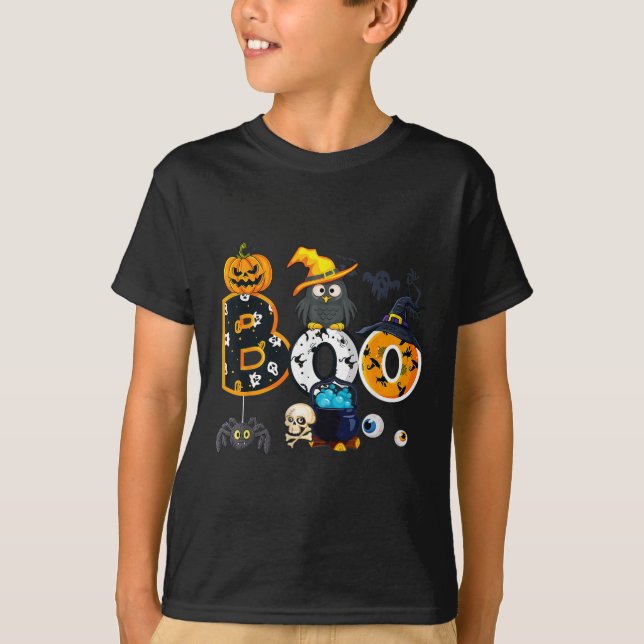 Halloween Boo Uggla med Witch Hat Spiders Boys Gir T Shirt (Framsida)