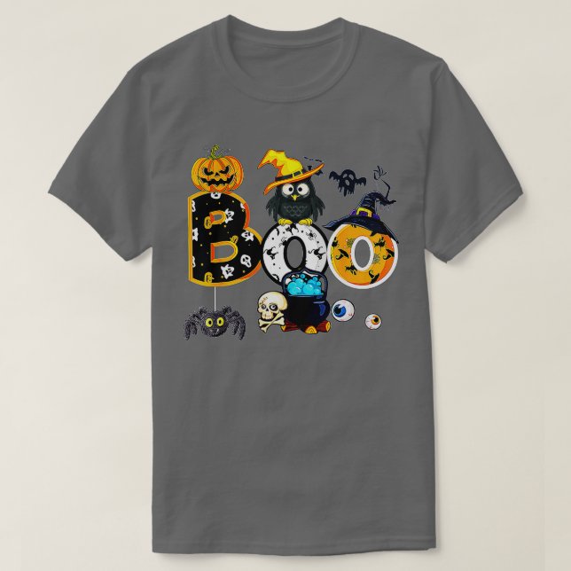 Halloween Boo Uggla med Witch Hat Spiders Boys Gir T Shirt (Design framsida)