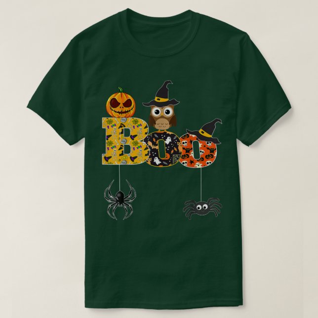 Halloween Boo Uggla med Witch Hat Spiders Boys Gir T Shirt (Design framsida)