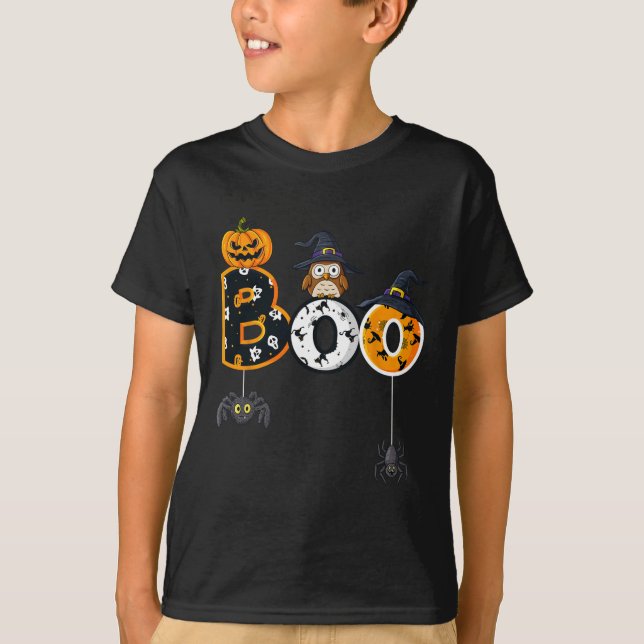Halloween Boo Uggla med Witch Hat Spiders Boys Gir T Shirt (Framsida)