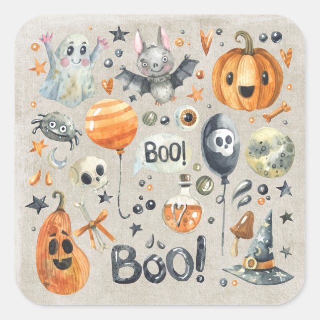 Halloween - Boo Watercolor Cuties Fyrkantigt Klistermärke (Front)