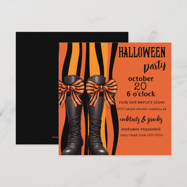 Halloween Boots och Bows i Orange och Black Party Inbjudningar (Fram/baksida)