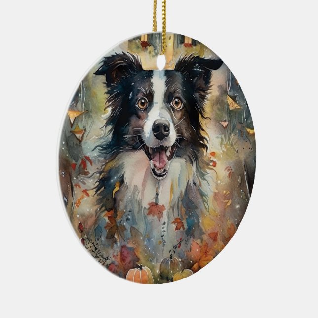 Halloween Border Collie Med Pumpa Skräck Julgransprydnad Keramik (Höger)