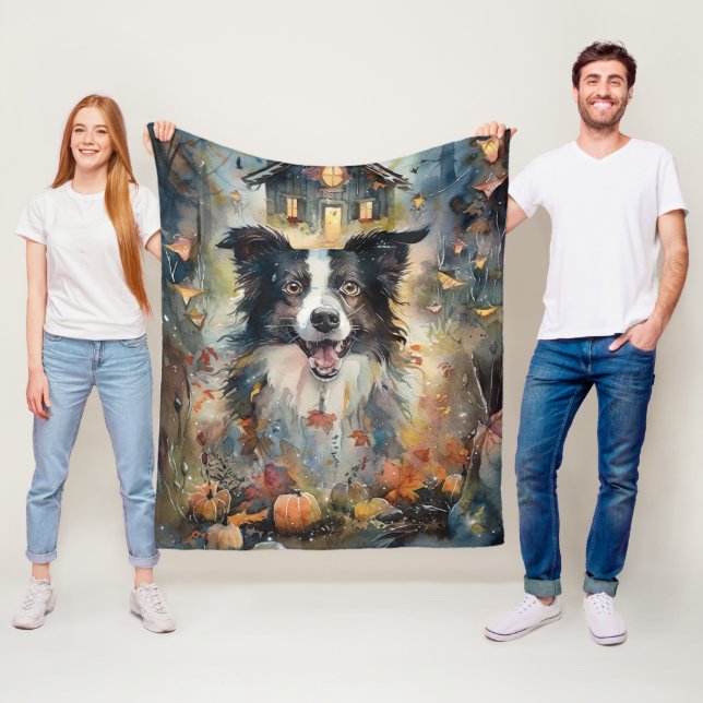 Halloween Border Collie Med Pumpa Skräckinjagande Fleecefilt (På plats)
