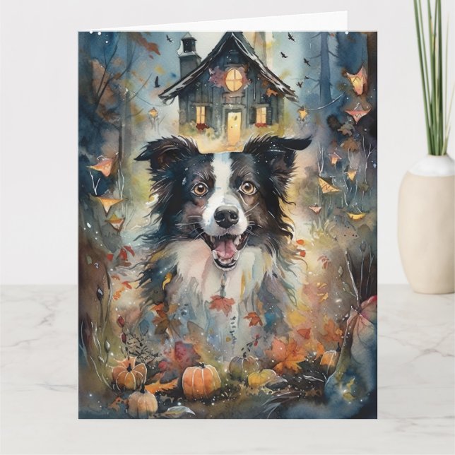 Halloween Border Collie Med Pumpa Skräckinjagande Kort (Framsida)