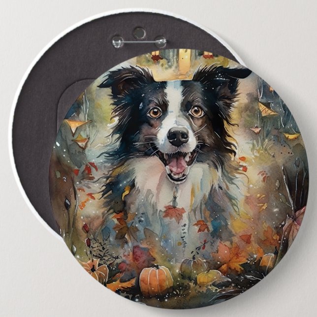 Halloween Border Collie Med Pumpor Skräckinjagande Knapp (Framsida & baksida)