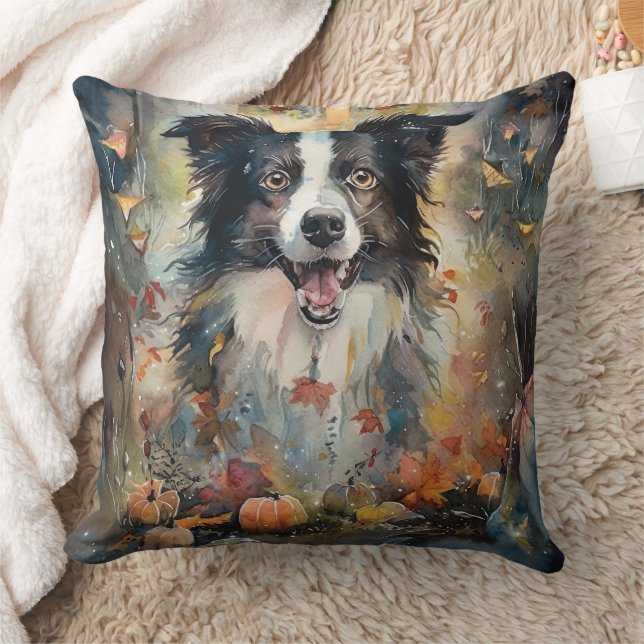 Halloween Border Collie Med Pumpor Skräckinjagande Kudde (Filt)