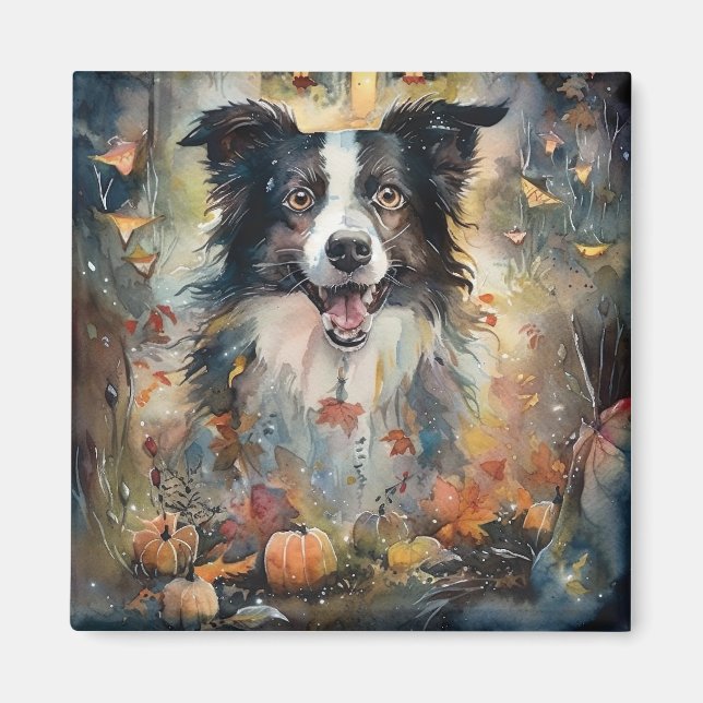 Halloween Border Collie Med Pumpor Skräckinjagande Magnet (Framsidan)
