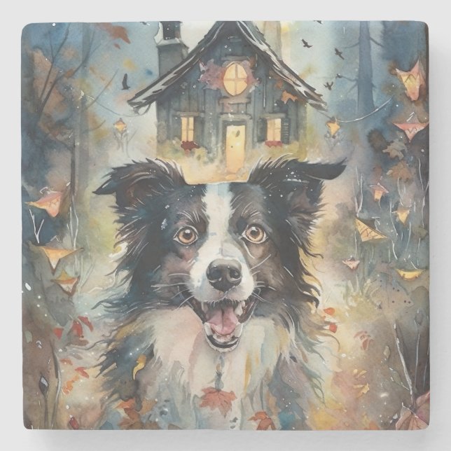 Halloween Border Collie Med Pumpor Skräckinjagande Stenunderlägg (Framsidan)