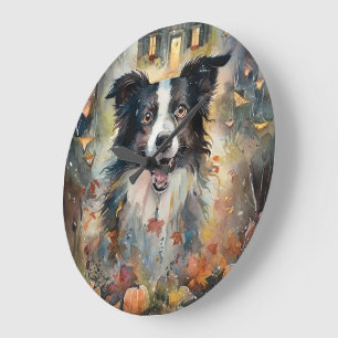 Halloween Border Collie Med Pumpor Skräckinjagande Stor Klocka