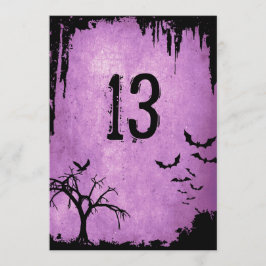 Halloween bordskort med fladdermöss, kråka och trä