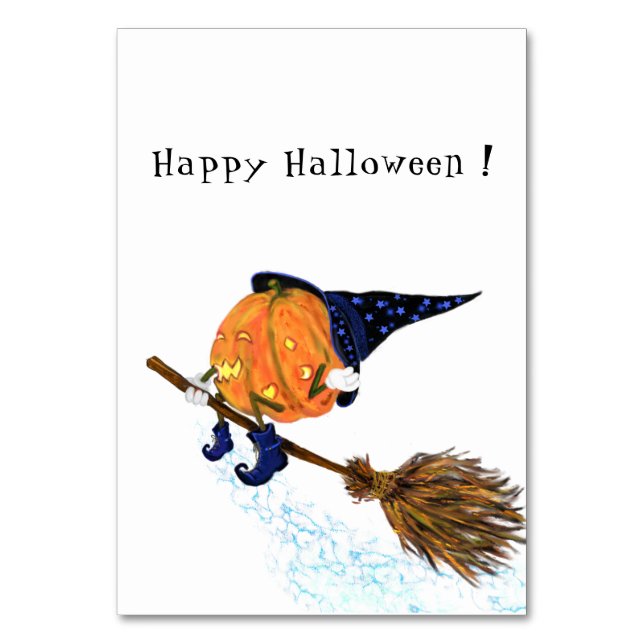 Halloween Bordsnummer Witch Pumpkin Flies Broom (Framsidan)