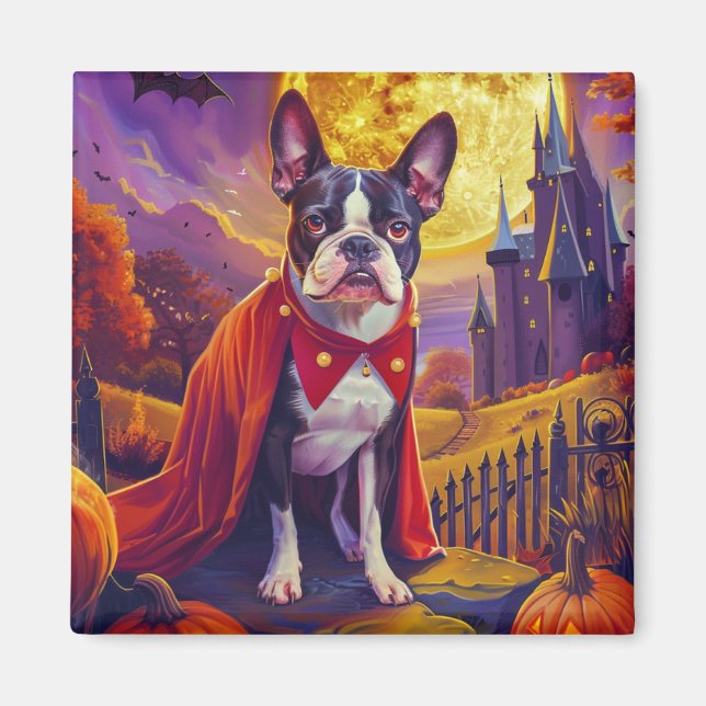 Halloween Boston Terrier Hund Pumpkins Scary Magnet (Framsidan)