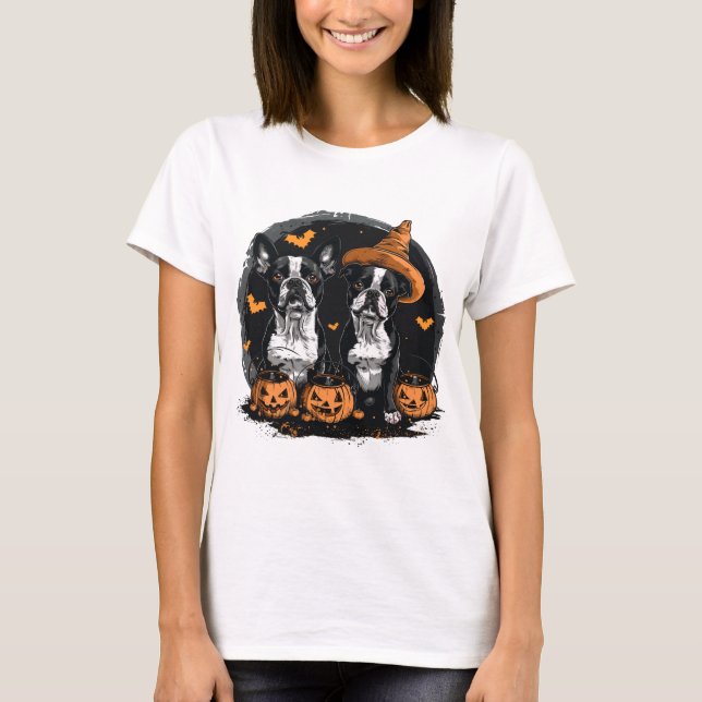 Halloween Boston Terrier Hundar T Shirt (Framsida)
