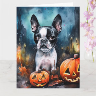 Halloween Boston Terrier Med Pumpa Skräck Kort