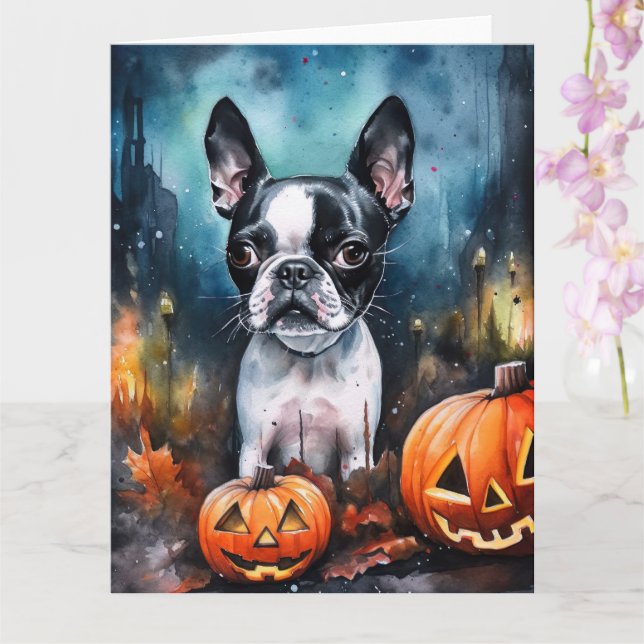 Halloween Boston Terrier Med Pumpa Skräck  Kort (Orkide)