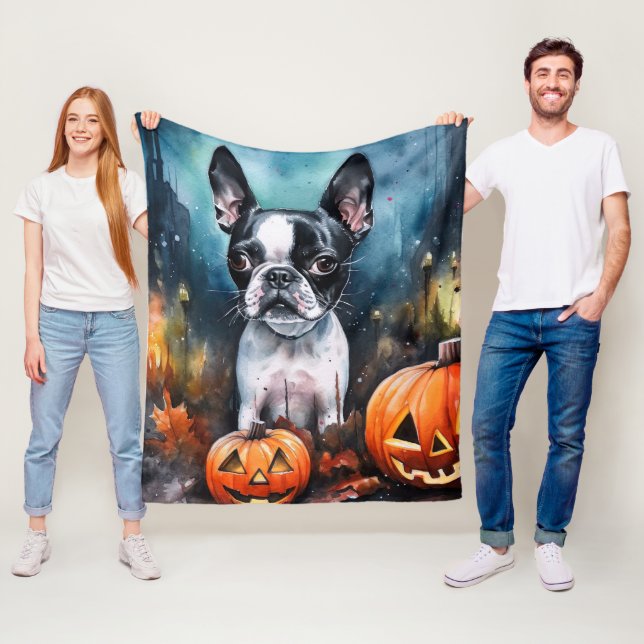 Halloween Boston Terrier Med Pumpa Skräckinjagande Fleecefilt (På plats)
