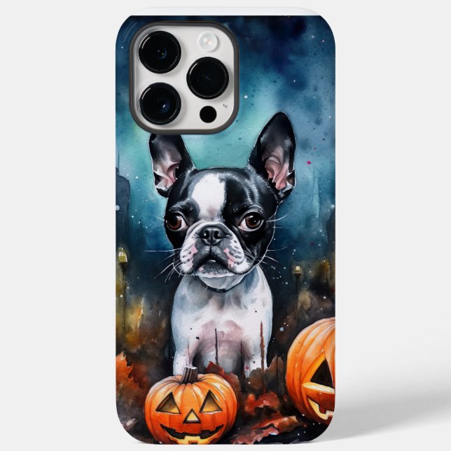 Halloween Boston Terrier med pumpor Scary (Baksida)