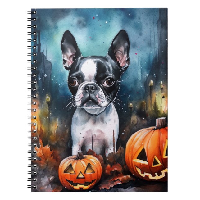 Halloween Boston Terrier med pumpor Scary Anteckningsbok (Framsidan)