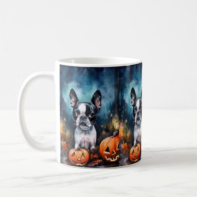 Halloween Boston Terrier med pumpor Scary Kaffemugg (Vänster)