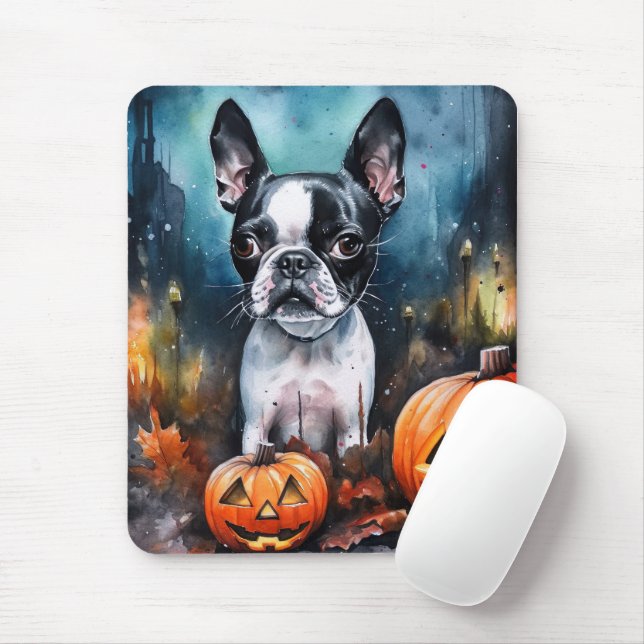 Halloween Boston Terrier med pumpor Scary Musmatta (Med mus)