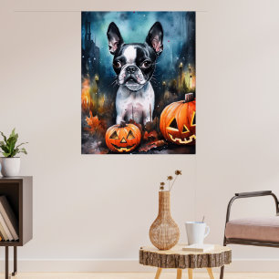 Halloween Boston Terrier med pumpor Scary Poster