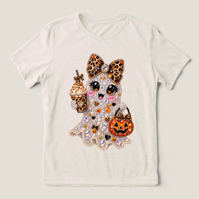 Halloween Boujee Spöke Rhinestone Leopard Bling T Shirt (Design Framsida)