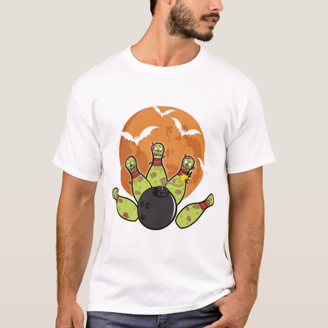 Halloween bowling zombien pinnar fladdermöss bowla t shirt (Framsida)