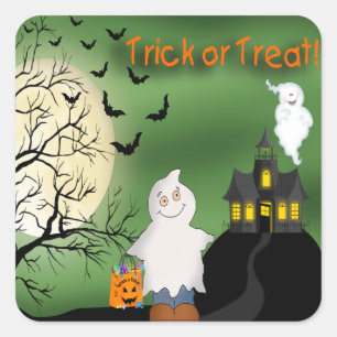 Halloween Boy Ghost Square Stickers Fyrkantigt Klistermärke