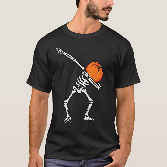 Halloween Boys Dabbing Skeleton Jackolantern Pumpk T Shirt (Framsida)