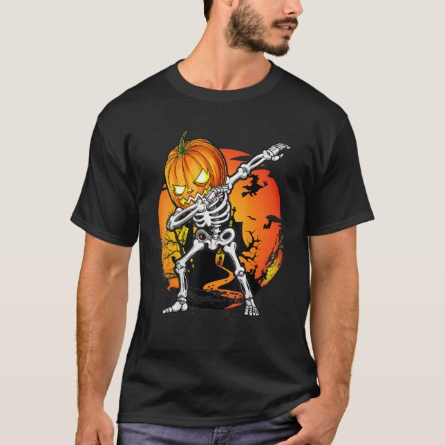 Halloween Boys Dabbing Skeleton Scary Pumpkin Jack T Shirt (Framsida)