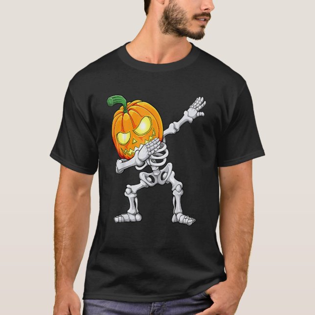 Halloween Boys Dabbing Skeleton Scary Pumpkin Jack T Shirt (Framsida)