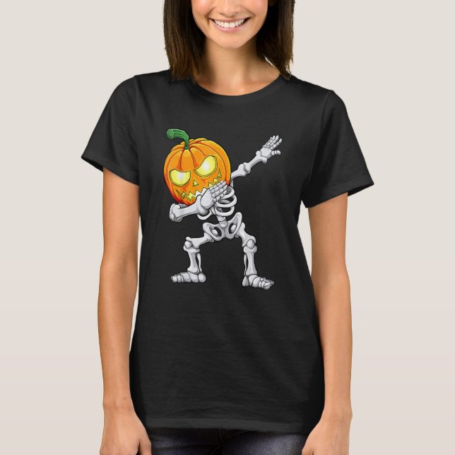 Halloween Boys Dabbing Skeleton Scary Pumpkin Jack T Shirt (Framsida)