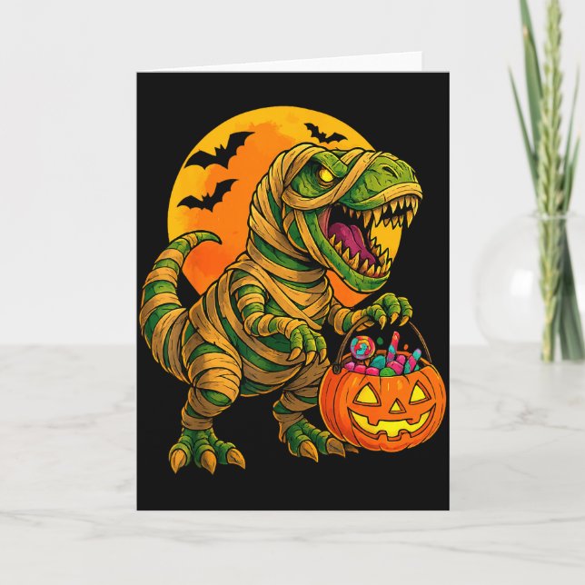 Halloween Boys Dinosaur Mummy T Rex Y Pumpkin Moon Kort (Framsida)